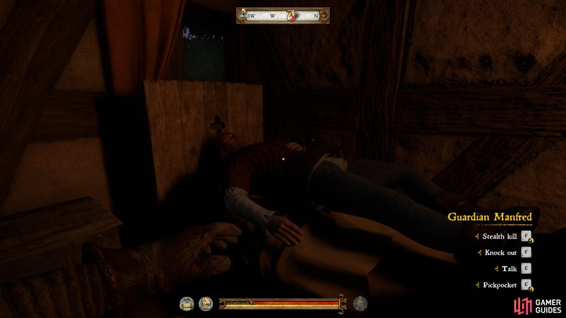 To ensure that you are not caught, knock Manfred out before you attempt to steal the writ and purse.