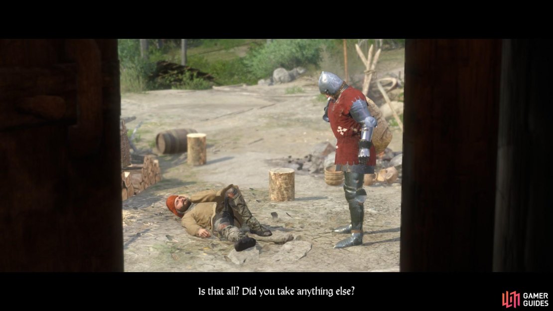When you are done questioning the wounded mercenary a cut scene will follow in which the mysterious German knight shows up and takes a bag of coin.