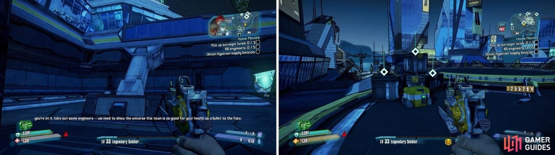 You can use the slanted pillars (left) to get on top of the roof, where you&rsquo;ll find the surveyor lures (right).