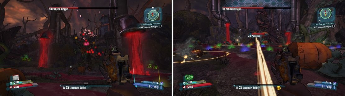 Shoot the Pumplings off Kingpin&rsquo;s shoulders to negate his health regenerating (left). His laser attack can do a lot of damage (right).