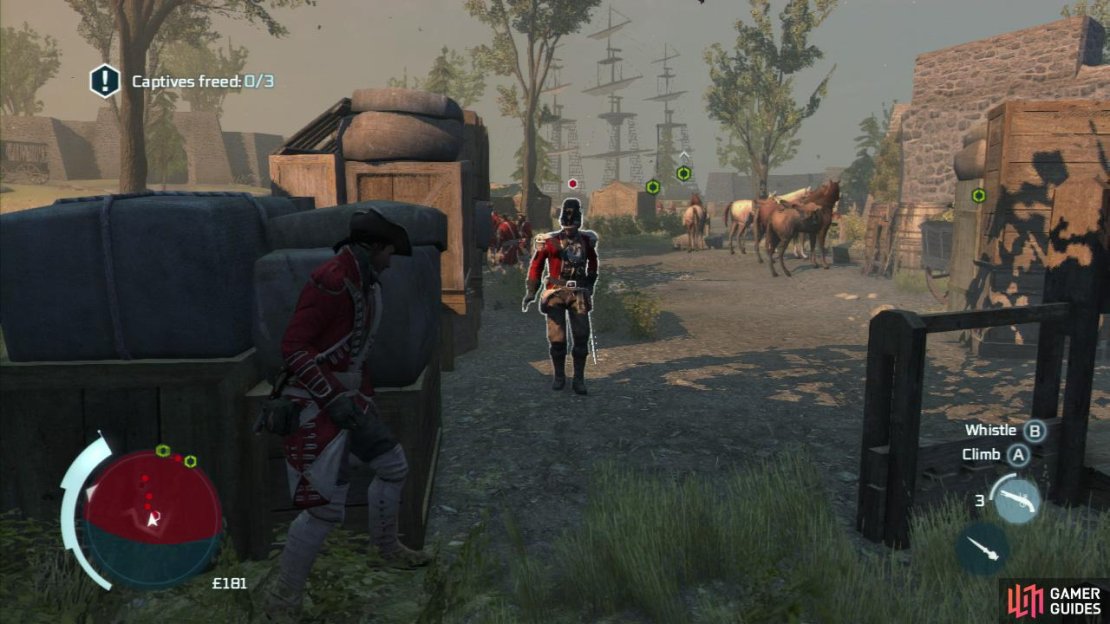 Return back to the road. Now let&rsquo;s go rescue those prisoners! Hug the large stone wall at the back of the area and make your way to the left between the wall and the tents. Ahead you will see a square wooden structure with a guard leaning against it. Take cover and assassinate him from the corner (we need three corner assassinations for the optional objective this is 1/3). Stay here and you&rsquo;ll see the first set of prisoners to the right. Wait for the guard patrolling in front of the prisoners to walk away from you and assassinate him. Interact with the prisoners to free them.