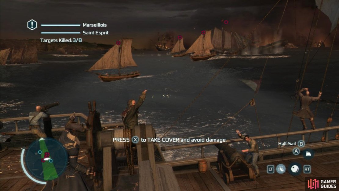 There are eight enemy ships waiting for you. There will be one large ship and seven smaller schooners. Broadside the schooners to take at least three of them down with a single volley for the optional objective and then eliminate the remaining ships. As always, don’t forget to take cover when you see the red indicator in the water! Killing off a few of these vessels will cause another five to enter the area and join the battle. There will be another four of the small schooners and another large ship to destroy. After a short scene, the next battle will commence.