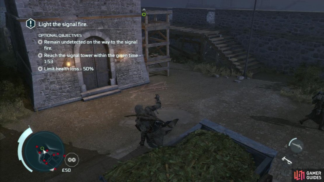 You can assassinate the guard on the right from cover if you wish. When none of the guards are looking, quickly sprint over to the lighthouse and use the scaffold on the right to get a shortcut up and climb the building to the platform indicated by the marker. Interact with the torch here. Following the instructions above, I reached the torch undetected with 55 seconds remaining. After the cinematic, Connor will be a little groggy. Work your way over to the red indicator and as you approach a scene will play.