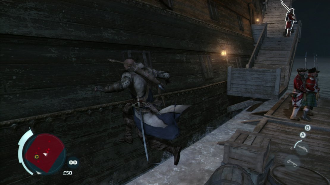 Jump into the water below and swim to the right around the back side of the ship until you reach the opposite side. You will see a platform in the water here populated with three guards with stairs leading up to the ship behind it. Wait for the soldier on the stairs to start climbing up to the deck again. Hop out onto the barrels at the end of the floating platform behind the three guards and then jump over to the side of the ship. Quickly shimmy back to the left to the stern of the ship.
