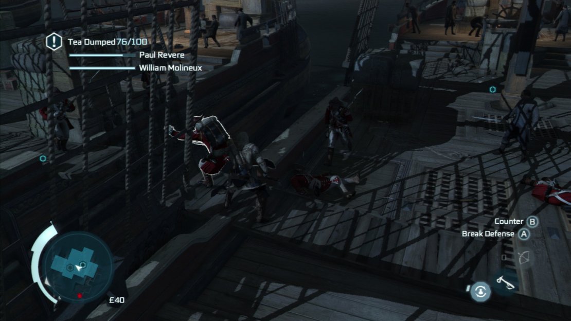 Be sure during this time to throw three enemies into the water. You can do this by countering and hitting the grab button to push them. Also during this time, you can loot a musket and when a guard is otherwise occupied on the dock below hop up on the railing of one of the ships and air assassinate him with a musket. Continue to kill the guards as they approach and once enough of the tea has been thrown into the river the mission will be completed.