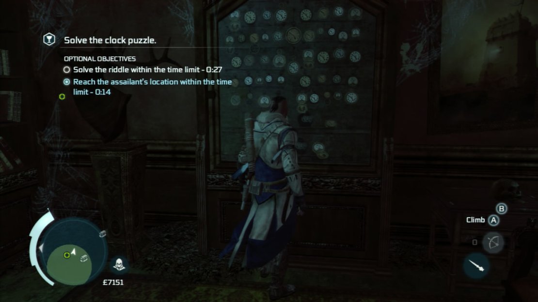 When we regain control of Connor, again we will have to investigate clues in the immediate area. Check out the bloodstain on the floor to the right of the clock, the clock itself and the musket just to the right of where we jumped down propped up against a pillar. Once all three have been looked at, another scene will play. We now have another timer! This time, it is for the other optional objective - to solve the clock puzzle within one minute. To do this, look in the alcove behind the clock to the right and note the display cabinet. See how all the time pieces in here have exactly the same time on them? That is the same time we need to enter on the grandfather clock. Interact with the main clock and set the time to 4:50 - the little hand just before the ‘V’ and the big hand on the ‘X’. This will open the passage to the next area. Follow the passage all the way to the end and after the scene, drop down the hole featured in the sequence and run over to the objective marker to complete the mission.