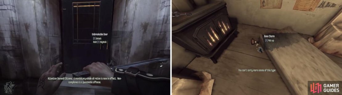 Finishing up Slackjaw&rsquo;s first side mission will get you a key that unlocks this door (left). Inside this building will be a Bone Charm for you to pick up (right).