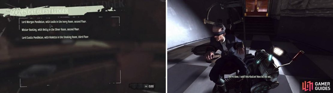 If you&rsquo;re going after the Pendletons, find the ledger at the front desk (left) to find out which rooms they are in. If going the nonlethal method, then you&rsquo;ll have to &ldquo;coerce&rdquo; the safe combination out of the art dealer (right) by shocking him a total of five times.