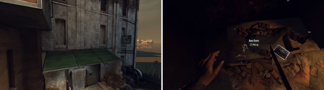 Jump onto the awning before going into the door (left) and go inside the nearby building. At the bottom, you&rsquo;ll find the Bone Charm next to a corpse (right).