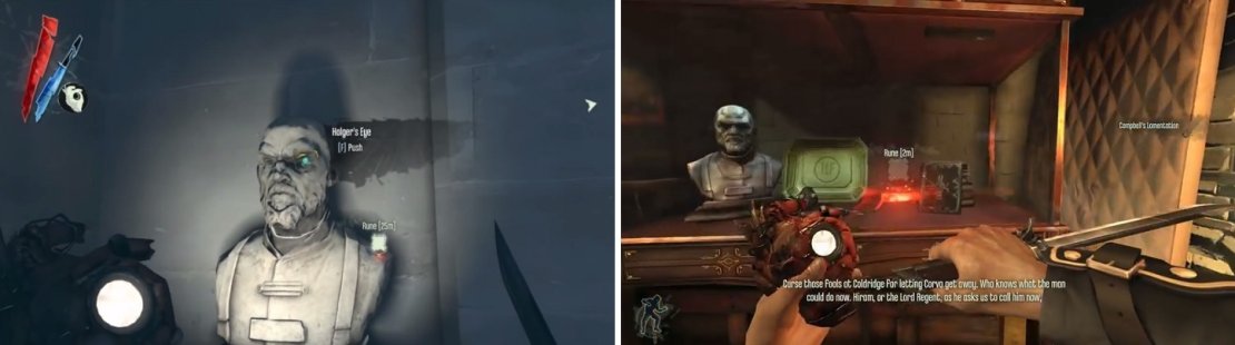 Find the stairs leading down to see a bust on a wall that allows you to access a hidden room (left), where you&rsquo;ll find the Rune in a glass case (right).