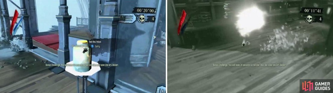 For the first bonus, you&rsquo;ll have to pick up the jar and throw it at the glass to break it (left). Possess the guy shooting and place him in front of the bullet&rsquo;s trajectory (right).