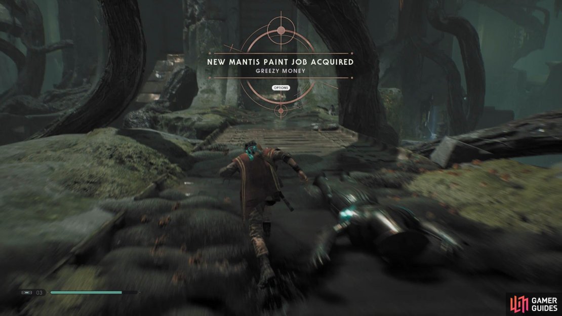 Collect the Greezy Money Mantis Skin from a Chest that&rsquo;s hiding on the bridge at the start