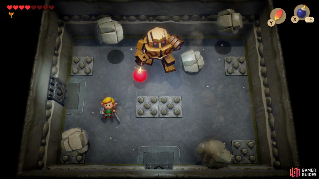 Place bombs in front of the Stone Hinox to kill it,