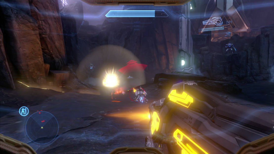 Cross the bridge and continue along the path. A short scene will play, hit the melee button when prompted to do so. Continue through the tunnel and follow the path outside until you see a rocky structure in front. Two pillars will raise either side of it and a knight will be standing on top of it waiting for you. Eliminate the crawlers that enter the area from the left hand side of the area before focusing your efforts on the knight, you will also find a watcher in the area too (flying enemies with the circular thrusters) - take the watcher down first as they can shield other units. Kill any remaining crawlers that may have joined the fray and then look behind the rocky structure to find a door we can enter.