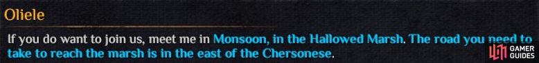 A description of where to find Oliele should you wish to join The Holy Mission of Elatt with her.