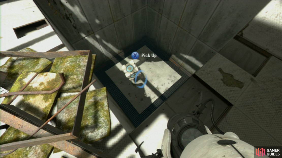 An insanely easy &lsquo;test&rsquo;, walk past the red button on the floor and look down into the pit in the middle of the room (to the right). Fire a portal on top of the Companion Cube and turn around and look behind you.