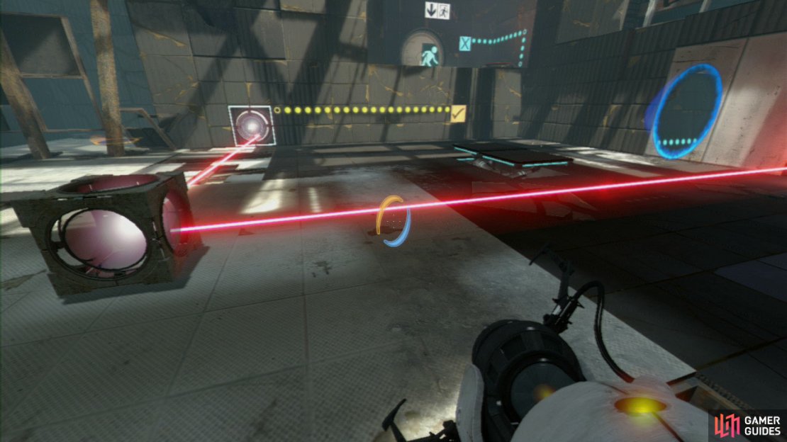 Pick up the Cube and jump back over the laser, before positioning yourself so you&rsquo;re reflecting the beam into the square panel on the left-hand wall.