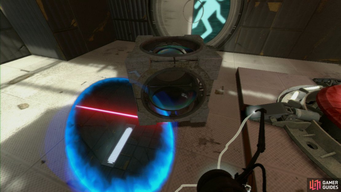 Place a portal here and then turn around and look at the Displacement Cube, place your second portal here and it&rsquo;ll appear near you, so turn around, pick it up and drop it on the red button to open the exit.