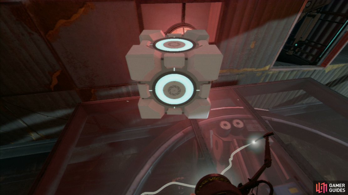Immediately pick up the Companion Cube and turn around, this allows you to block the laser beam as you approach it, stopping the platform (so make sure you&rsquo;re standing near the left end of the platform).