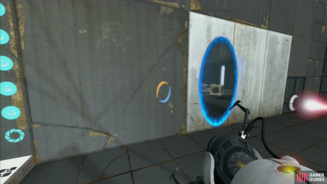 Make your way through the first portal behind you and you&rsquo;ll reappear where the Cube landed. Take it with you back through the portal and over to the laser beam.
