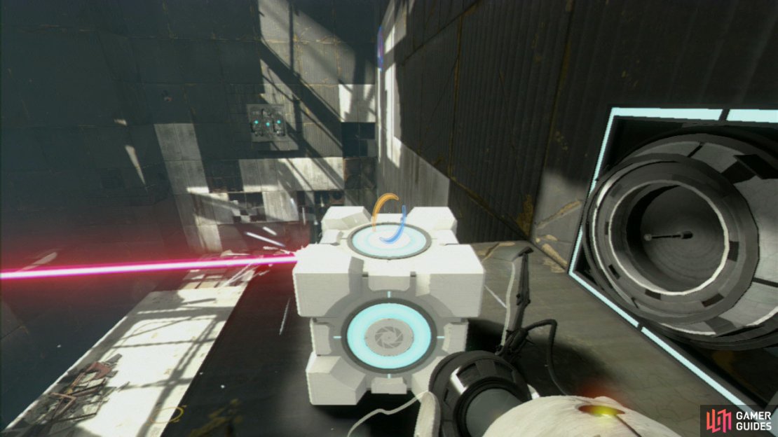 Once you&rsquo;re back on the main floor, stand on the jump pad and you&rsquo;ll hit the glass wall on the middle level. Place your Companion Cube in front of the laser to break it, dropping the barrier behind you.