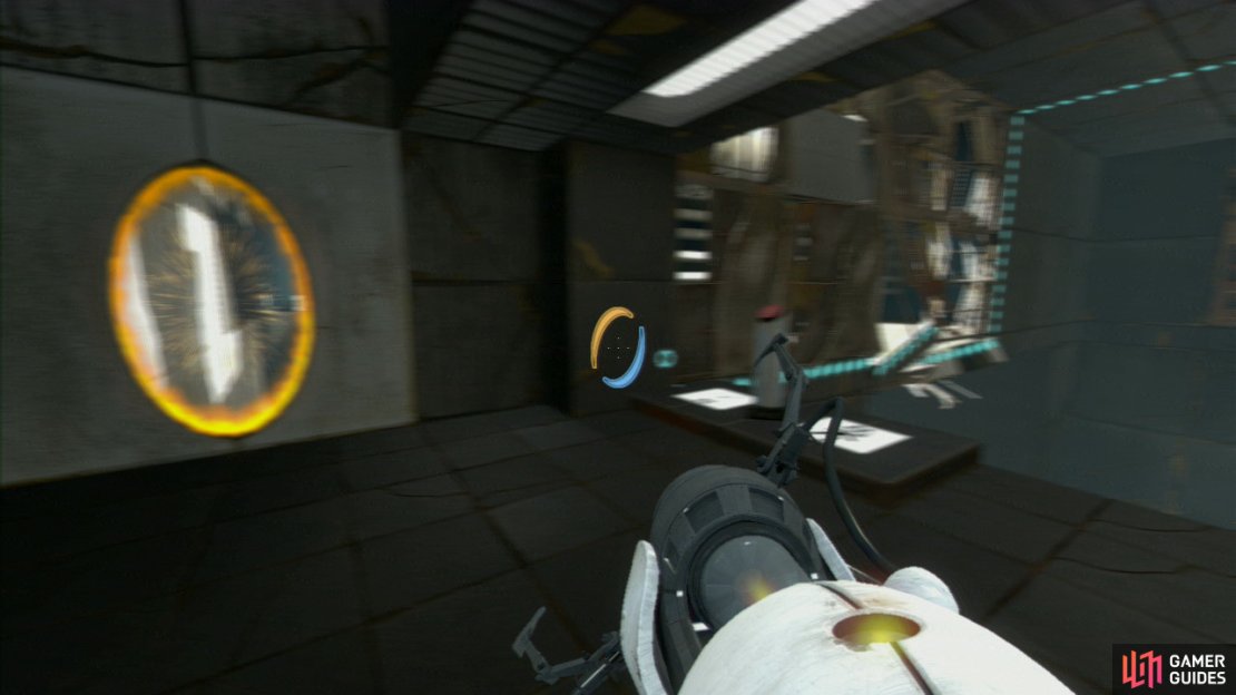 Once you&rsquo;re back on the main floor, stand on the jump pad and you&rsquo;ll hit the glass wall on the middle level. Place your Companion Cube in front of the laser to break it, dropping the barrier behind you.