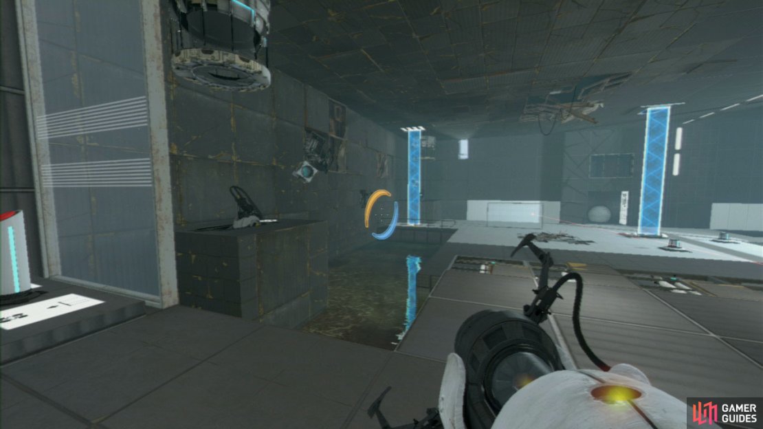 The second portal needs to be placed in the far left-hand corner of the room. There&rsquo;s an area of white flooring up here, so fire your exit portal here and it&rsquo;ll extend a light beam to the roof.