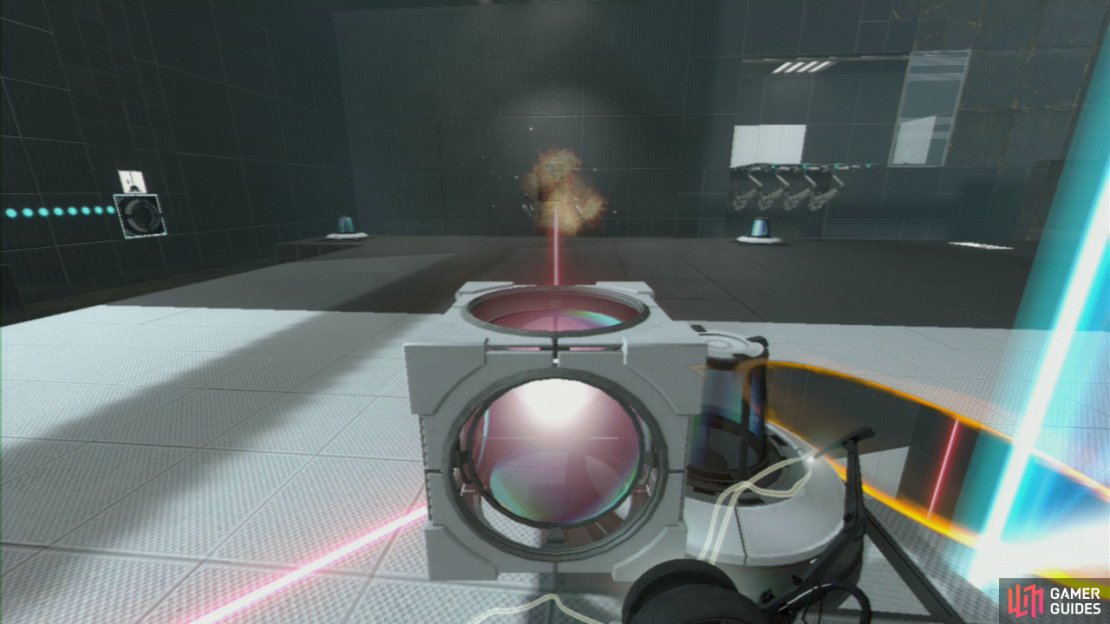 Get up close to the second &lsquo;cone&rsquo; and using a bridge as cover, place the Cube in it and aim it at the turret straight across from you (Holding it long enough to set the turret on fire).