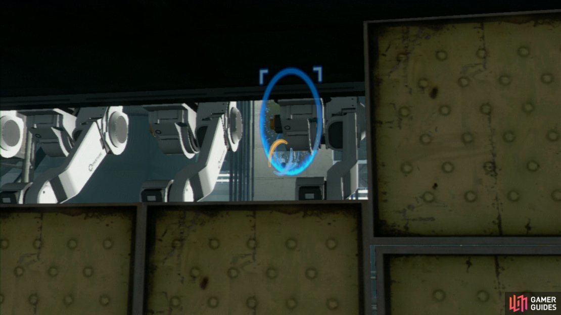 At the end there&rsquo;s a white wall, turn around 180 degrees and look for the hard to spot white wall behind some robotic arms. You&rsquo;ll want a portal here and on the wall behind you.