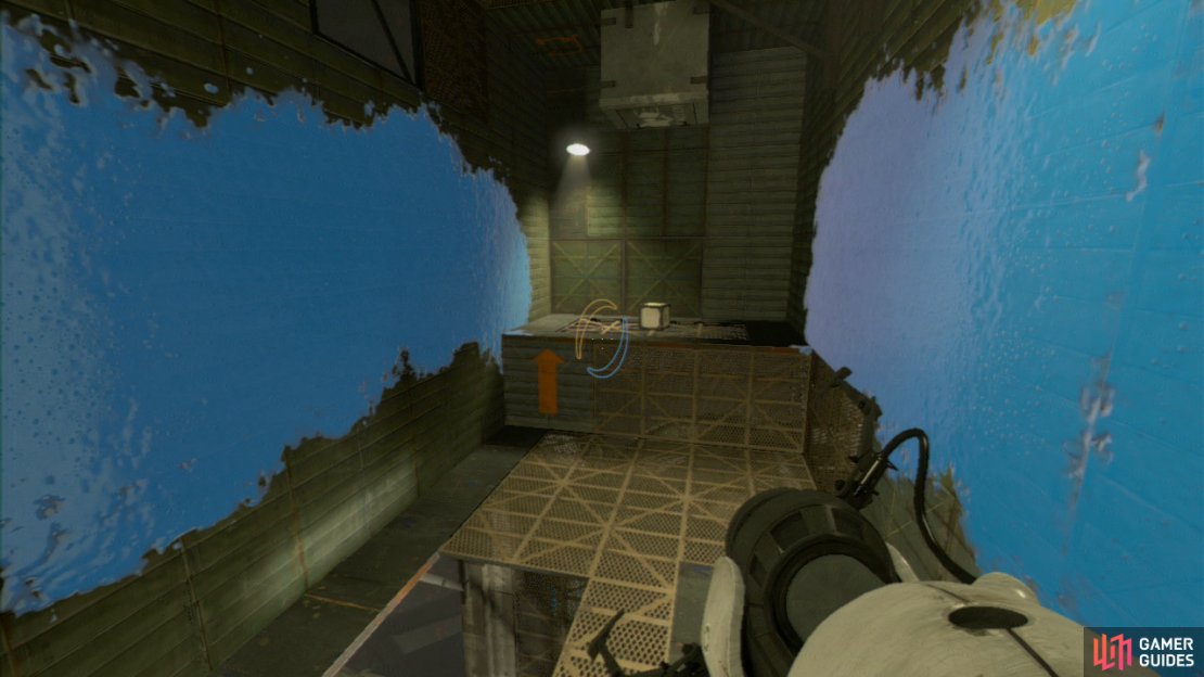 Jump at an angle into either wall and move in the opposite direction (at an angle) as you bounce between both walls. You&rsquo;ll land by the next Wooden Test Crate, so pick it up and then either bounce back again, or run along the bottom and use the gel to bounce up. Drop the Cube on the square button up here and a new panel will rotate into view in the upper left-hand corner of the room.