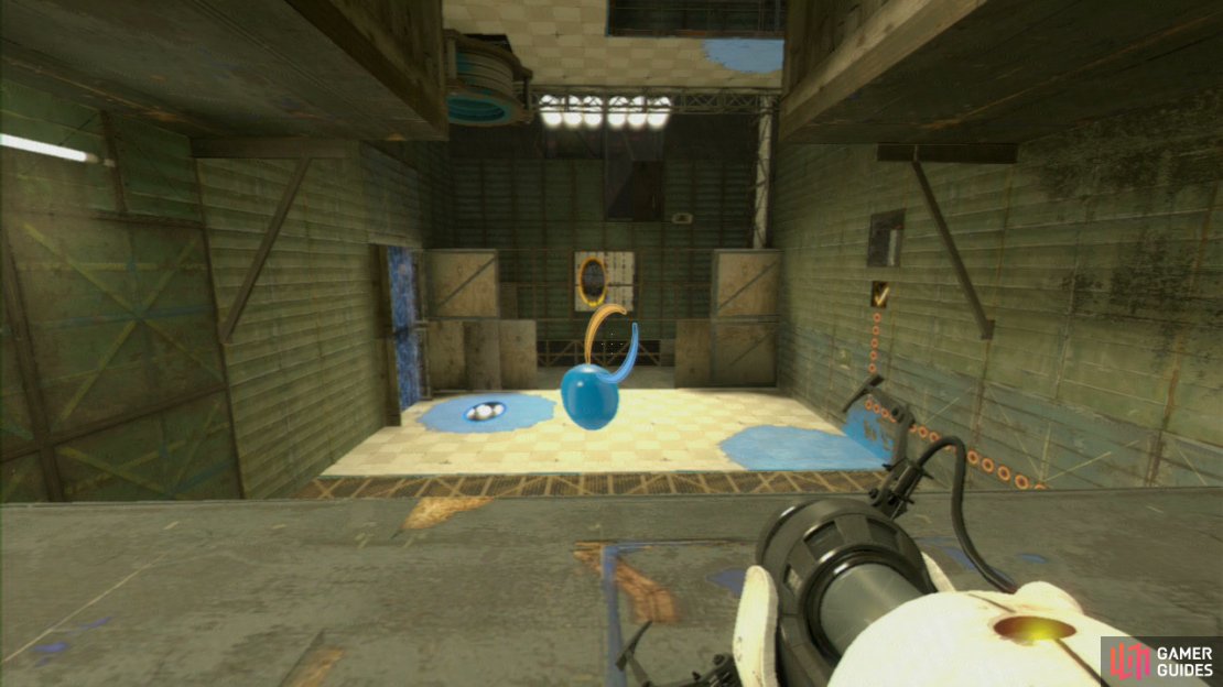 This will start an invisible timer (you&rsquo;ll hear the ticking of a clock to warn you that you&rsquo;re on a timer), so place the exit portal at the vertical wall at the back of the room and the gel will coat the floor that was previously being washed away by the water. Bounce up here to the exit!