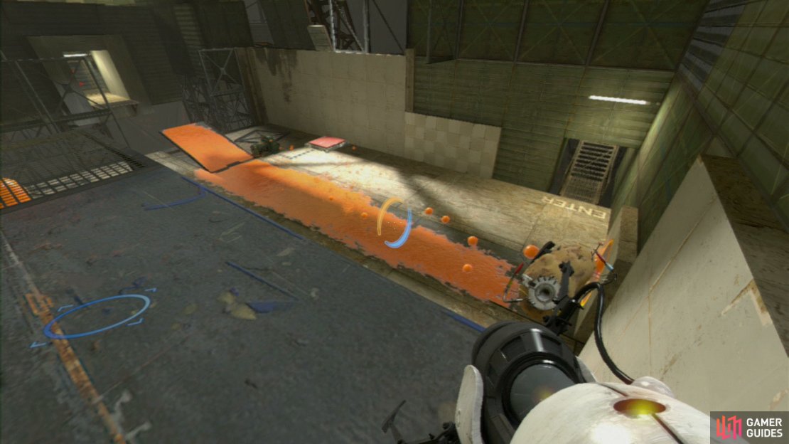 Step through and you&rsquo;ll land in front of the familiar red plunger, so before hitting it look for the wall panel that&rsquo;s facing the ramp on the left. Place your exit portal here, hit the button and watch as the orange Propulsion Gel coats the floor and the ramp.