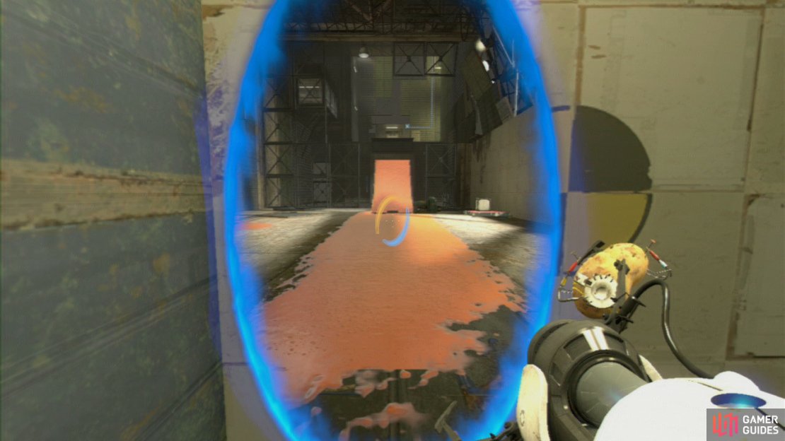 Drop the Cube on the red switch and it&rsquo;ll raise the ramp up the required height for reaching the upper floor. Fire a portal on the wall panel that you used to get the orange gel onto the ramp, step through it (so you&rsquo;re in the other propulsion gel covered corridor as well) and use the distance to gain enough speed to run up the ramp and reach the top floor.