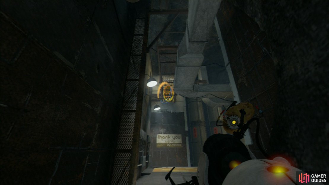 Look for the &lsquo;thank you&rsquo; sign in the first corridor you enter, fire a portal on the wall up above (where the walkway is), then hang a right at the corner and place the next portal on the wall to your right (by the chairs).