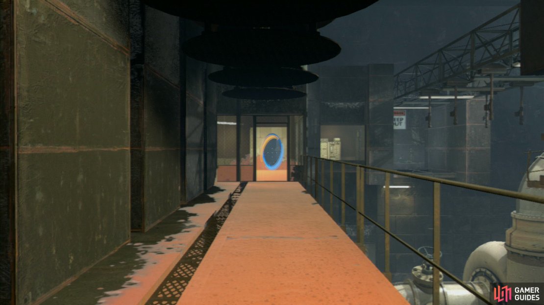 Make sure that the bottom of the portal is as close to the ground as possible (to ensure you run through it without stopping). Once the compressors are rising again, make a dash for it, jump just as you pass through the portal and you&rsquo;ll fly across the gap and onto the rickety walkway in the distance.