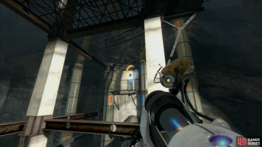 From the floor, aim up at one of the pillars high up, so you&rsquo;ll land on the metal girder once you step through. Turn to face the wall with the door and fire a portal onto the slanted wall above the door.