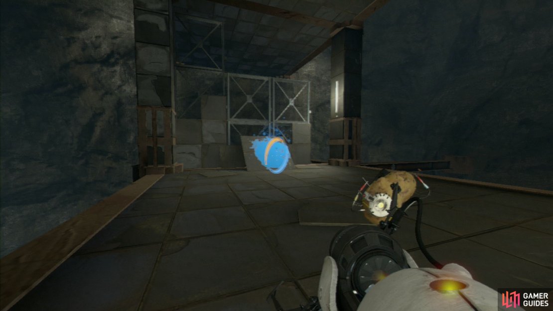 Now set a portal on the ground far below you and then fall down into it. You should sail through the portal above the door, onto the blue gel and you&rsquo;ll find yourself being bounced up to the next tier of the platform.