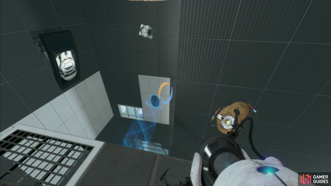 Immediately turn to your left and look over the ledge where the TV monitor is. There&rsquo;s a shoot-able wall panel to the right, fire your exit beam here and then press the button to drop the Cube into the beam.