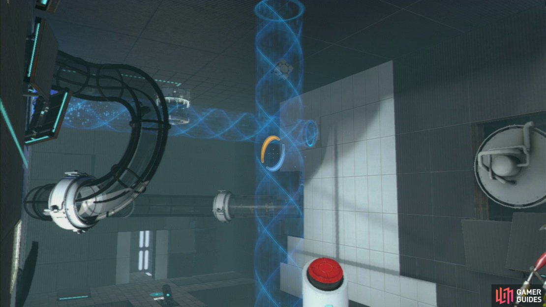 Once you&rsquo;re by the exit, walk over to the red button, but before hitting it, get a portal back onto the chequered wall panel where the beam is (like before) and once again place your next portal on the middle panel in the middle of the chasm. Now hit the button and the beam will catch the Cube in mid flight.