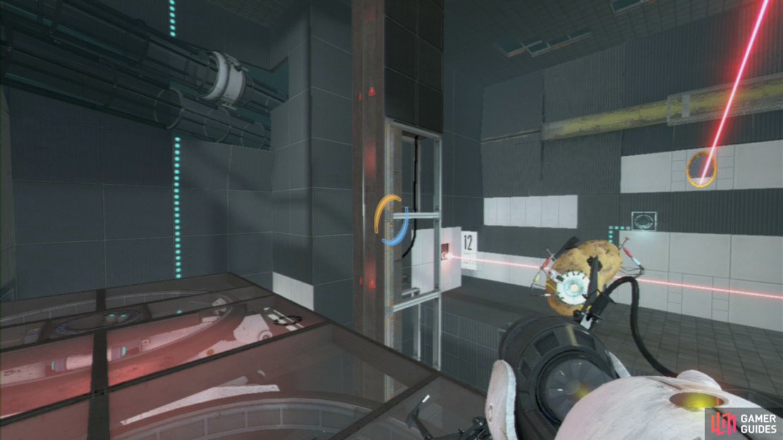 Once you&rsquo;re moving again zoom in and place your crosshairs at the highest wall panel (directly above the portal that&rsquo;s aiming the beam at the receptor below you). This will remove the killer laser beam field on your immediate left (so be quick otherwise you&rsquo;re toast)!