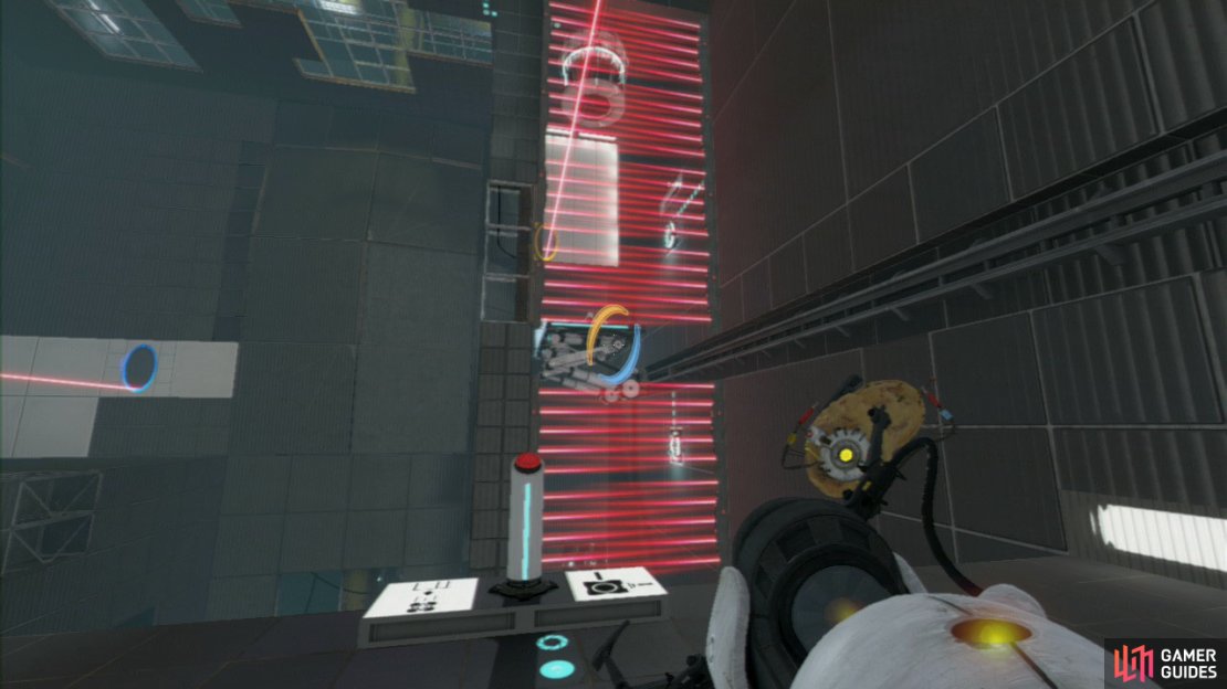 Once the platform reaches the wall, remove the portal that&rsquo;s directing the beam to the receptor and place it up on the far right-hand wall, shutting it down. Hit the button and a Displacement Cube will drop down onto the platform.