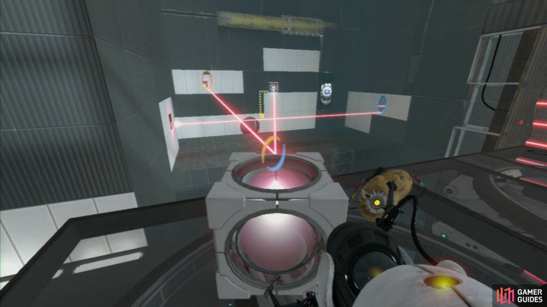 Once the platform is closer to the left side of the room, stop it from moving and position the Cube just in front of you. Get a portal on the laser beam and then one directly in front of you so it&rsquo;s hitting the Cube. Direct the beam so it&rsquo;s powering up the receptor positioned just above the exit.