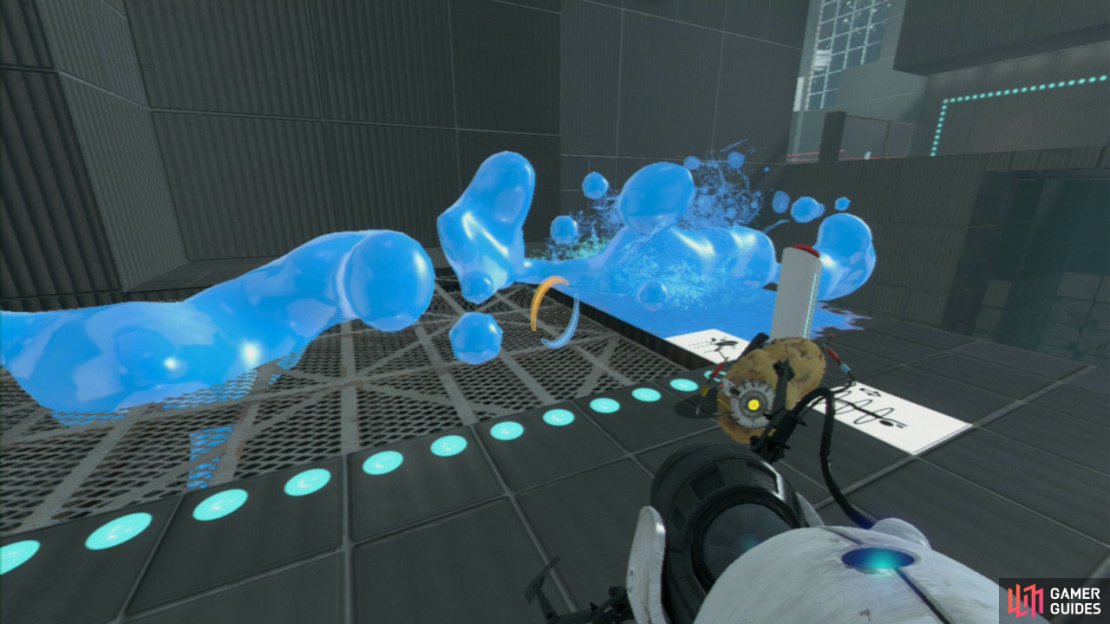 Use your portals to transport you over to the blue gel dispenser at the far end of the room. Once you&rsquo;re there, set up the transportation beam so it&rsquo;s passing through the back wall (under the blue gel dispenser) and across the pit. Hit the plunger and once the gel is passed the grating by your feet, cancel it so the gel coats the floor.