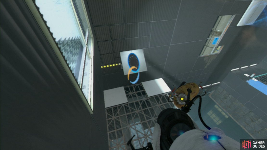 Set a transportation portal on the floor by the entrance and as you&rsquo;re rising towards the ceiling, keep your sights aimed at the slanted wall panel. Once you&rsquo;ve reached the top, get rid of the beam and you&rsquo;ll drop through, over the glass panel and the velocity gained will take you into the blue gel and right to the exit!