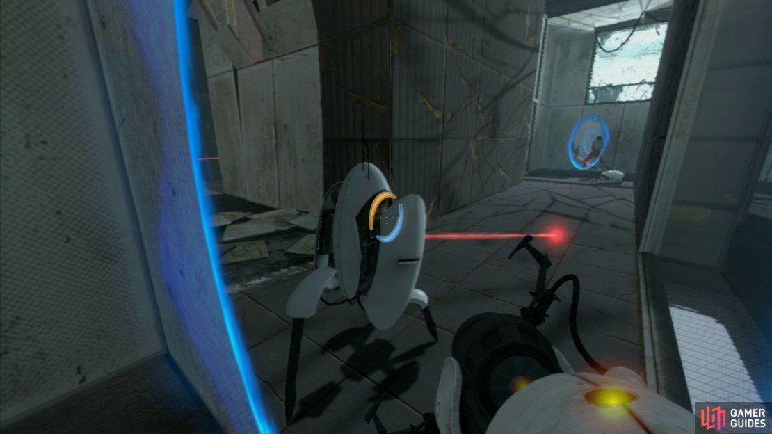 Place a portal on the wall panel to your right and then as you turn to your left, fire off the second portal behind the turret up ahead. Now quickly run into the portal so you&rsquo;re picking the turret up from behind.