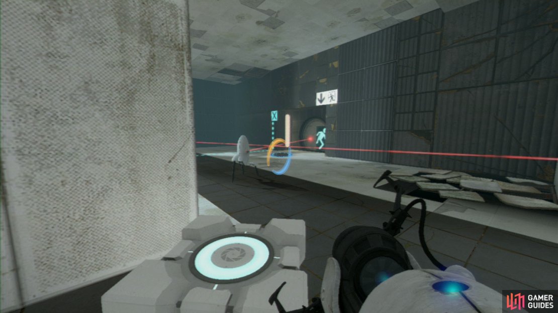 Pick up one of the Companion Cubes and take it around the corner with you. Now set it down and then place the second portal under the turret standing on white ground. This&rsquo;ll cause it to drop into the room behind you.
