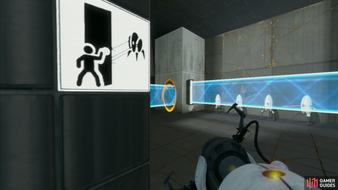 Once you enter the chamber, set the entrance portal on the wall where the light bridge stops and leave it there. Now set the exit portal on the wall to the right of the turret that&rsquo;s just around the corner.