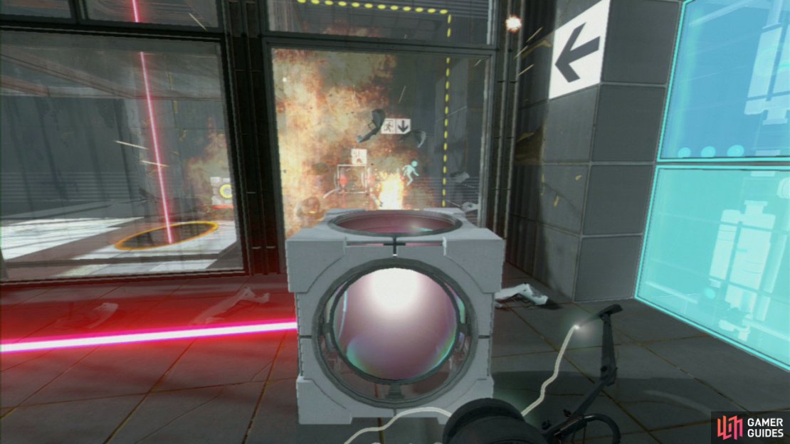Pick up the Displacement Cube and aim it so you&rsquo;re directing the beam at each and every turret on the other side of the glass, ensuring they all explode.