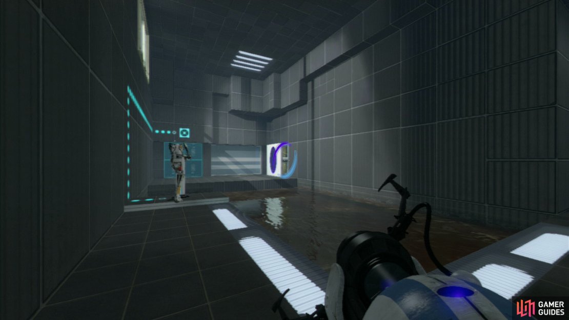 Player 1: Place your entrance portal on the wall in the upper right-hand corner, then turn to your left and fire off your exit portal on the wall that&rsquo;s in the corner of the room (right-hand side).