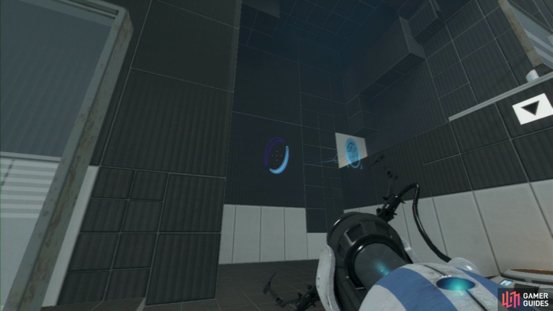 Player 1: Get your first portal up on the far left-hand corner (upper level). This&rsquo;ll get you to the switch up here. Now place your second portal on the wall by the switch to your left.